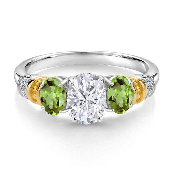 2.53 Cttw 925 Sterling Silver and 10K Yellow Gold IGI Certified Lab Grown Diamond and Green Peridot 3 Stone Ring For Women | Center Oval Diamond 1.5 Ct | F-G Color | VS1 Clarity