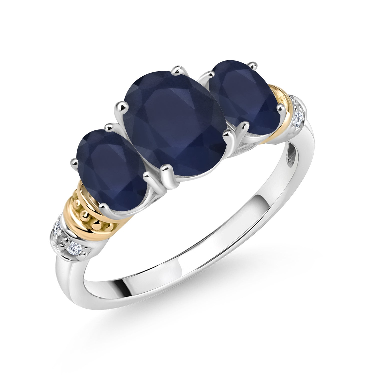 925 Sterling Silver and 10K Yellow Gold Oval Blue Sapphire and White Diamond 3 Stone Ring For Women (2.94 Cttw, Gemstone September Birthstone, Available In Size 5, 6, 7, 8, 9)