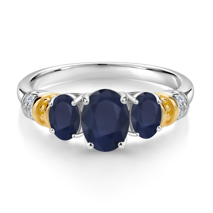 925 Sterling Silver and 10K Yellow Gold Oval Blue Sapphire and White Diamond 3 Stone Ring For Women (2.94 Cttw, Gemstone September Birthstone, Available In Size 5, 6, 7, 8, 9)