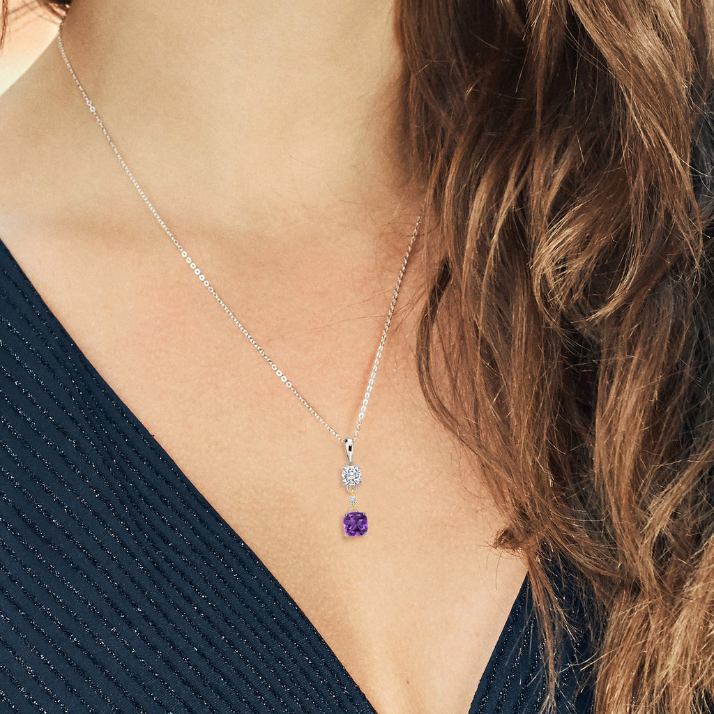 Purple Amethyst - White Moissanite_Pendant in 925 Sterling Silver and 10K Yellow Gold