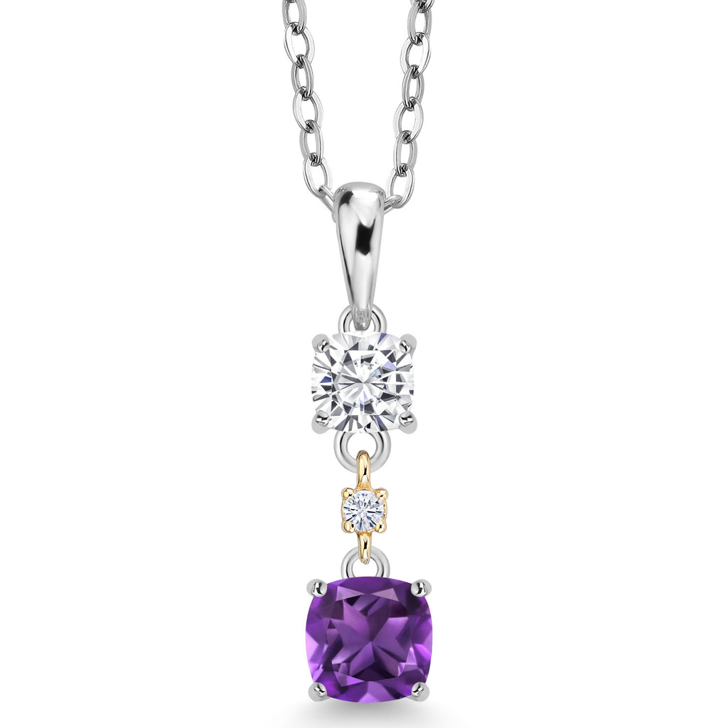 Purple Amethyst - White Moissanite_Pendant in 925 Sterling Silver and 10K Yellow Gold