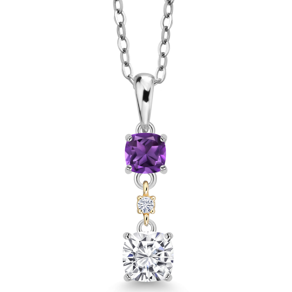 White Moissanite - Purple Amethyst_Pendant in 925 Sterling Silver and 10K Yellow Gold