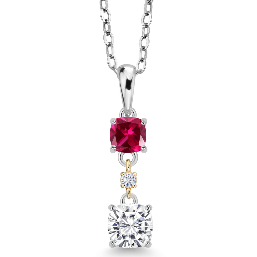 White Moissanite - Created Ruby_Pendant in 925 Sterling Silver and 10K Yellow Gold