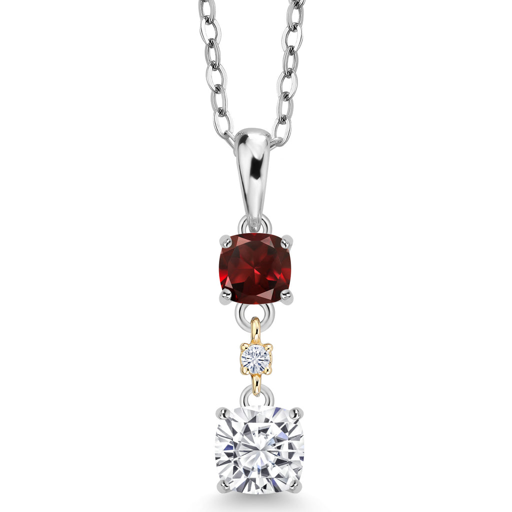 White Moissanite - Red Garnet_Pendant in 925 Sterling Silver and 10K Yellow Gold