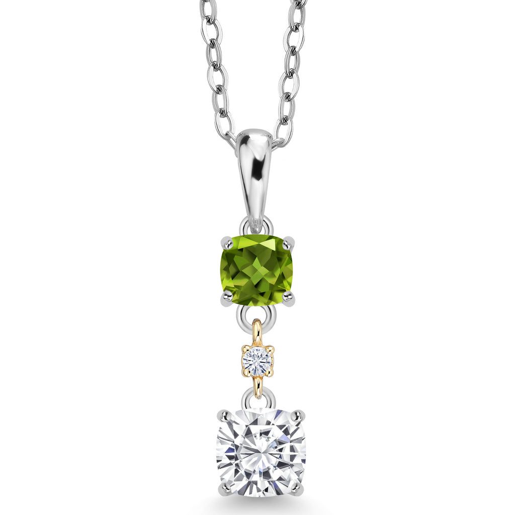 White Moissanite - Green Peridot_Pendant in 925 Sterling Silver and 10K Yellow Gold