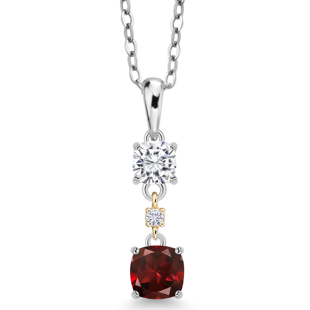 Red Garnet - White Moissanite_Pendant in 925 Sterling Silver and 10K Yellow Gold