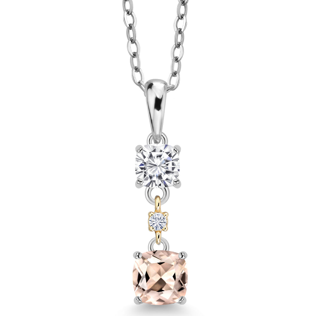 Peach Morganite - White Moissanite_Pendant in 925 Sterling Silver and 10K Yellow Gold