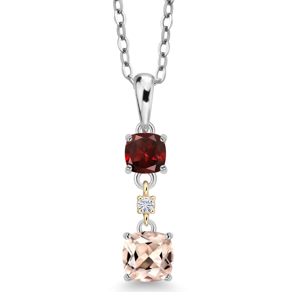 Peach Morganite - Red Garnet_Pendant in 925 Sterling Silver and 10K Yellow Gold