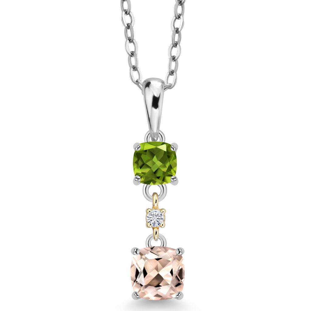 Peach Morganite - Green Peridot_Pendant in 925 Sterling Silver and 10K Yellow Gold