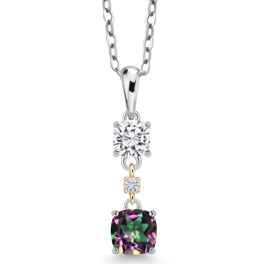Green Mystic Topaz - White Moissanite_Pendant in 925 Sterling Silver and 10K Yellow Gold