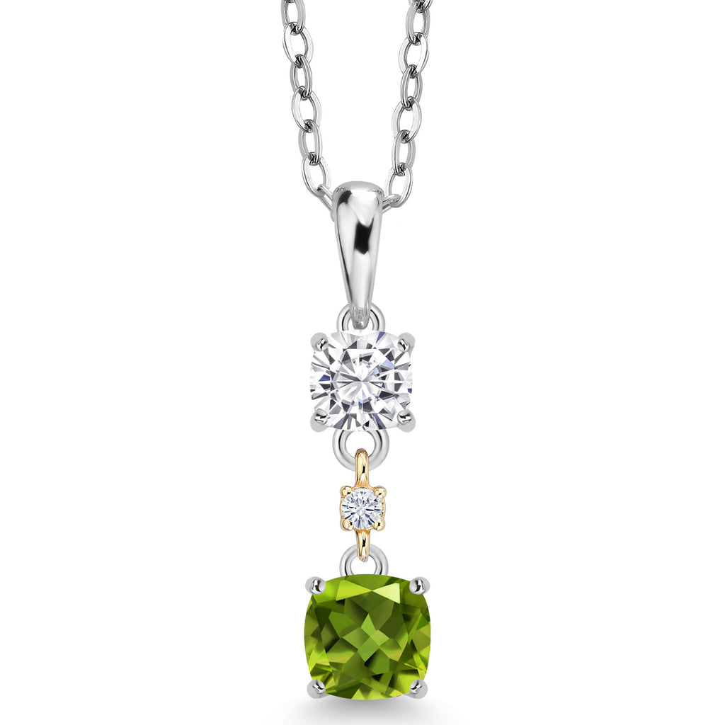 Green Peridot - White Moissanite_Pendant in 925 Sterling Silver and 10K Yellow Gold