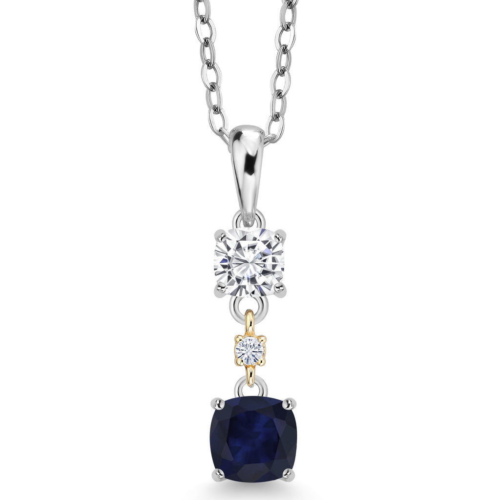 Blue Sapphire - White Moissanite_Pendant in 925 Sterling Silver and 10K Yellow Gold