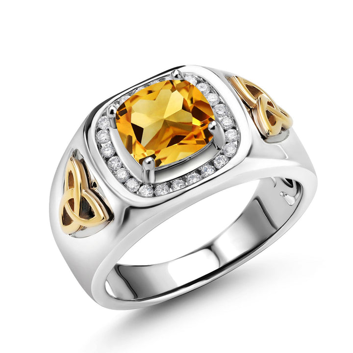 Two-Tone Cushion Cut Ring for Men | 8MM Gemstone Birthstone and Lab Grown Diamond | 925 Sterling Silver & 10K Yellow Gold | Available in Size 7-13