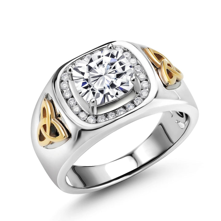Two-Tone Cushion Cut Ring for Men | 8MM Gemstone Birthstone and Lab Grown Diamond | 925 Sterling Silver & 10K Yellow Gold | Available in Size 7-13
