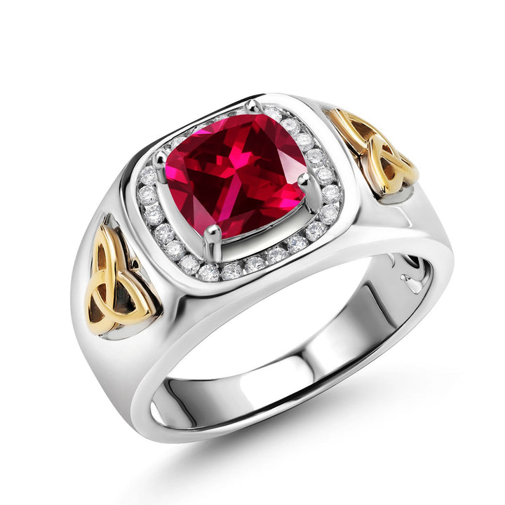 Two-Tone Cushion Cut Ring for Men | 8MM Gemstone Birthstone and Lab Grown Diamond | 925 Sterling Silver & 10K Yellow Gold | Available in Size 7-13