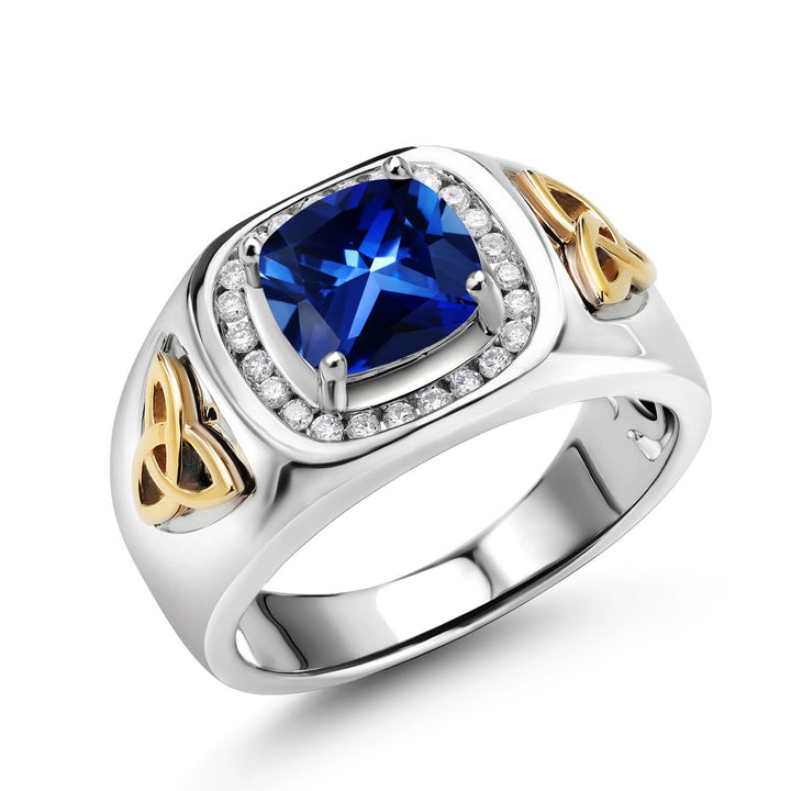 Two-Tone Cushion Cut Ring for Men | 8MM Gemstone Birthstone and Lab Grown Diamond | 925 Sterling Silver & 10K Yellow Gold | Available in Size 7-13