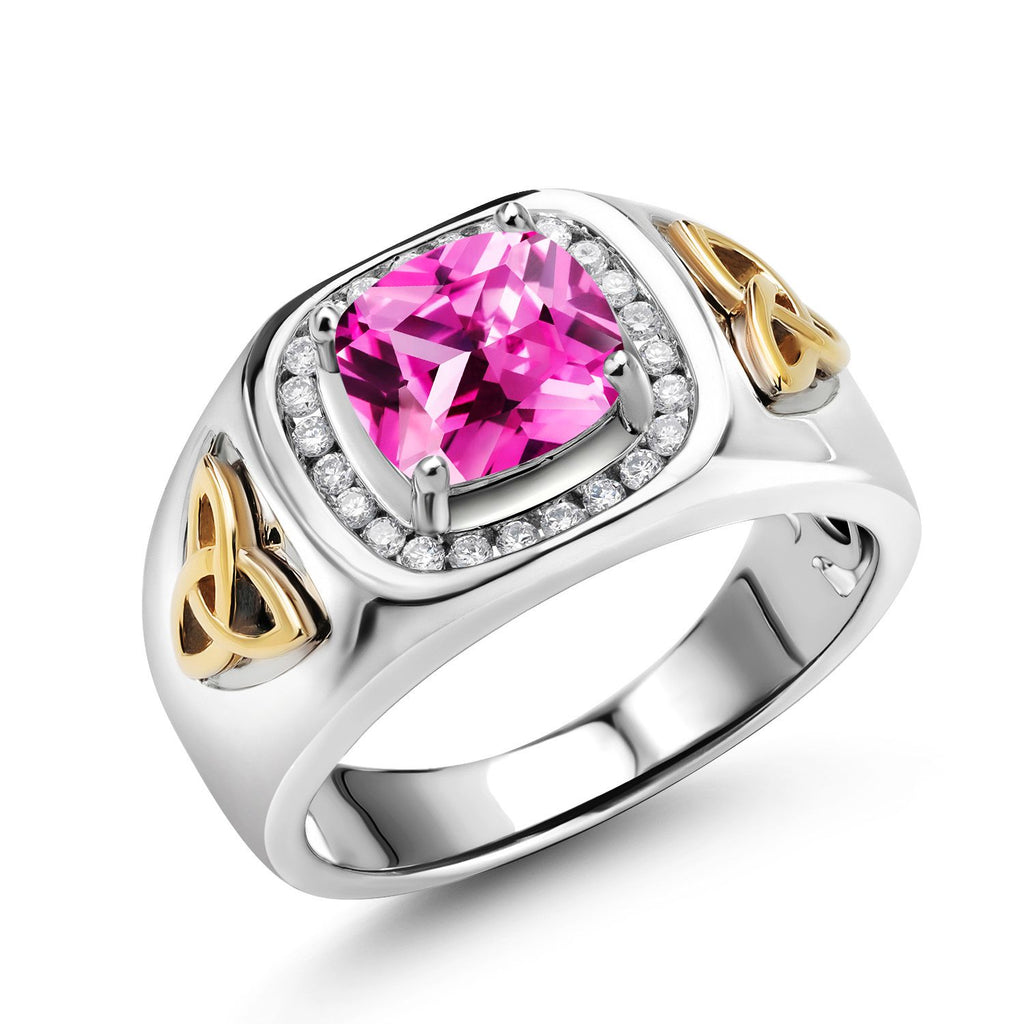 Gem Stone King 3.01 Ct Pink Created Sapphire Lab Grown Diamond 925 Silver and 10K Yellow Gold Men's Ring