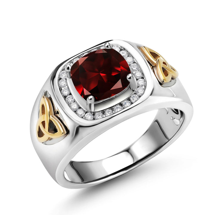 Two-Tone Cushion Cut Ring for Men | 8MM Gemstone Birthstone and Lab Grown Diamond | 925 Sterling Silver & 10K Yellow Gold | Available in Size 7-13
