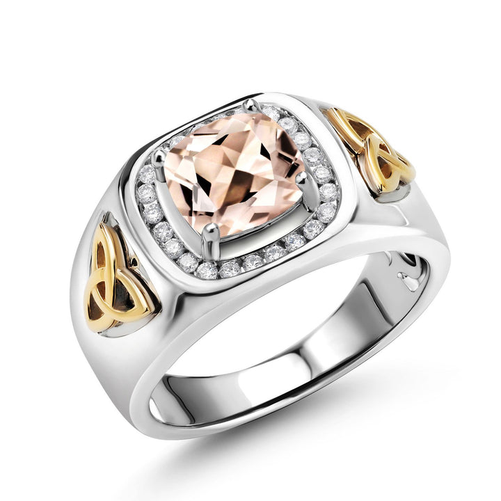 Two-Tone Cushion Cut Ring for Men | 8MM Gemstone Birthstone and Lab Grown Diamond | 925 Sterling Silver & 10K Yellow Gold | Available in Size 7-13