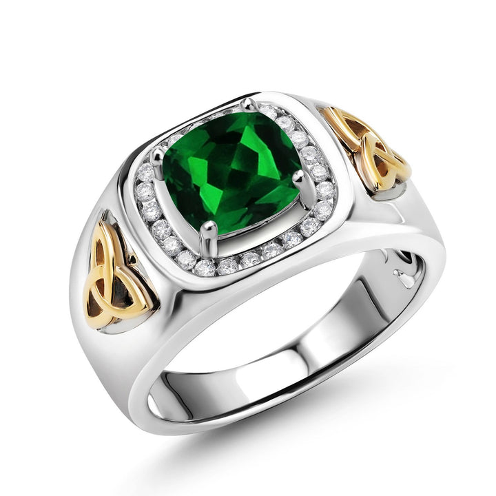 Two-Tone Cushion Cut Ring for Men | 8MM Gemstone Birthstone and Lab Grown Diamond | 925 Sterling Silver & 10K Yellow Gold | Available in Size 7-13