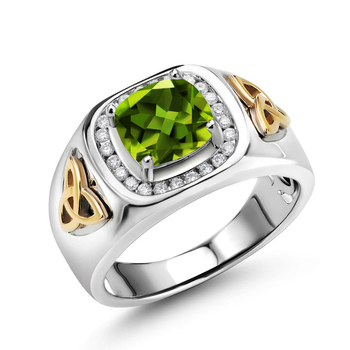Two-Tone Cushion Cut Ring for Men | 8MM Gemstone Birthstone and Lab Grown Diamond | 925 Sterling Silver & 10K Yellow Gold | Available in Size 7-13