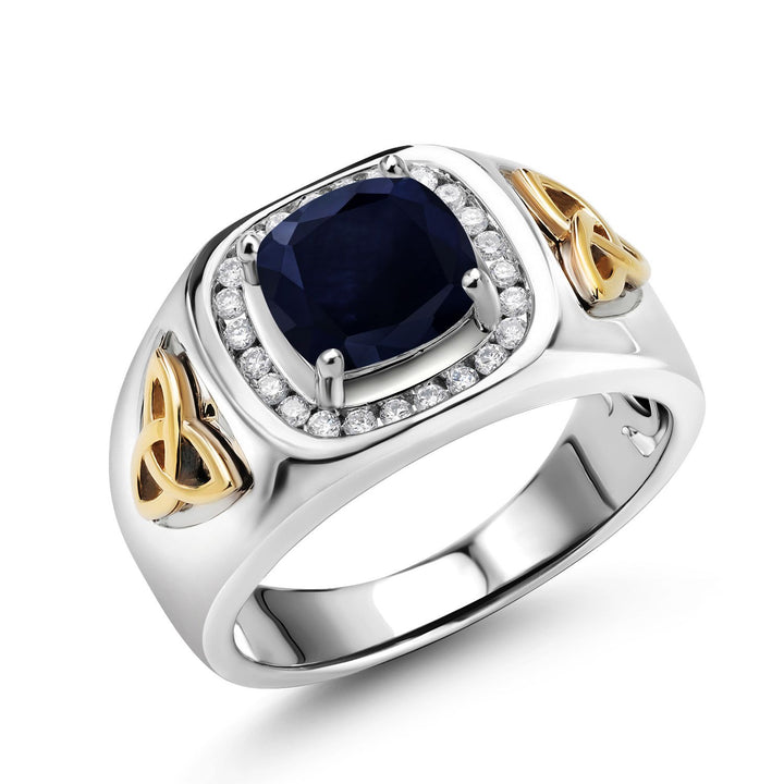Two-Tone Cushion Cut Ring for Men | 8MM Gemstone Birthstone and Lab Grown Diamond | 925 Sterling Silver & 10K Yellow Gold | Available in Size 7-13