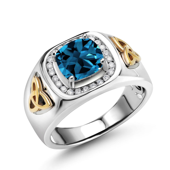 Two-Tone Cushion Cut Ring for Men | 8MM Gemstone Birthstone and Lab Grown Diamond | 925 Sterling Silver & 10K Yellow Gold | Available in Size 7-13