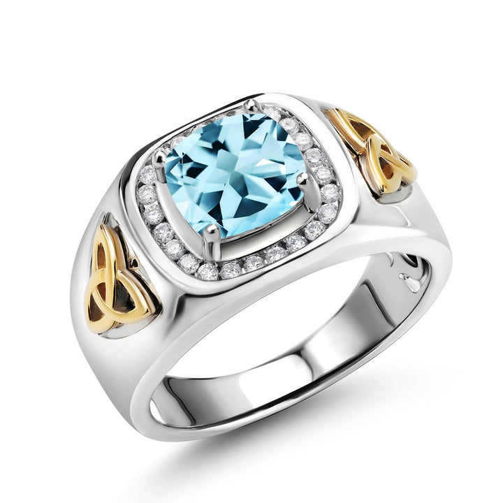 Two-Tone Cushion Cut Ring for Men | 8MM Gemstone Birthstone and Lab Grown Diamond | 925 Sterling Silver & 10K Yellow Gold | Available in Size 7-13