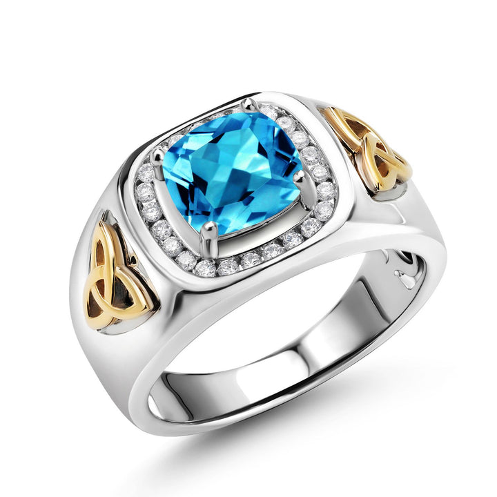 Two-Tone Cushion Cut Ring for Men | 8MM Gemstone Birthstone and Lab Grown Diamond | 925 Sterling Silver & 10K Yellow Gold | Available in Size 7-13