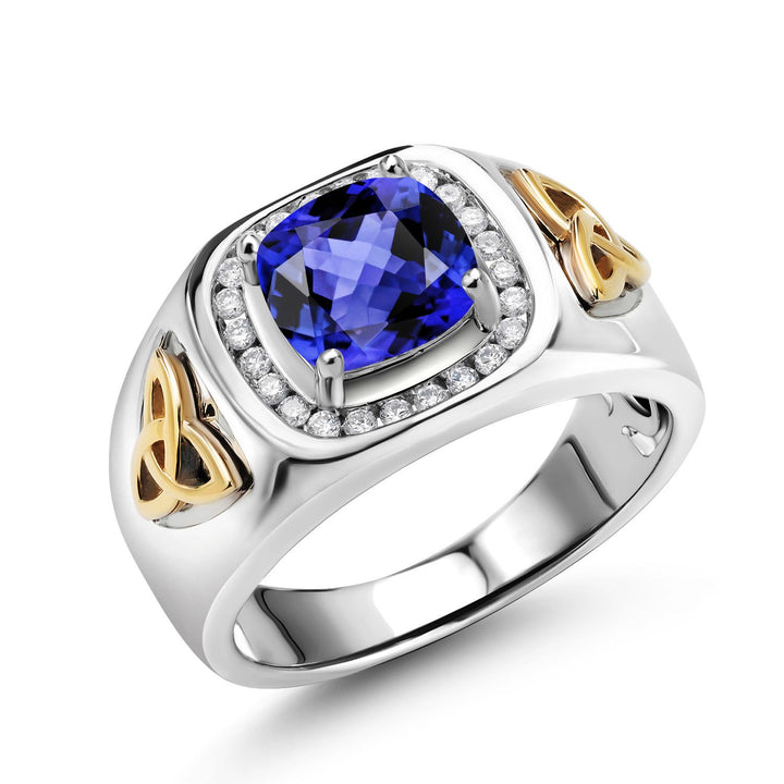Two-Tone Cushion Cut Ring for Men | 8MM Gemstone Birthstone and Lab Grown Diamond | 925 Sterling Silver & 10K Yellow Gold | Available in Size 7-13
