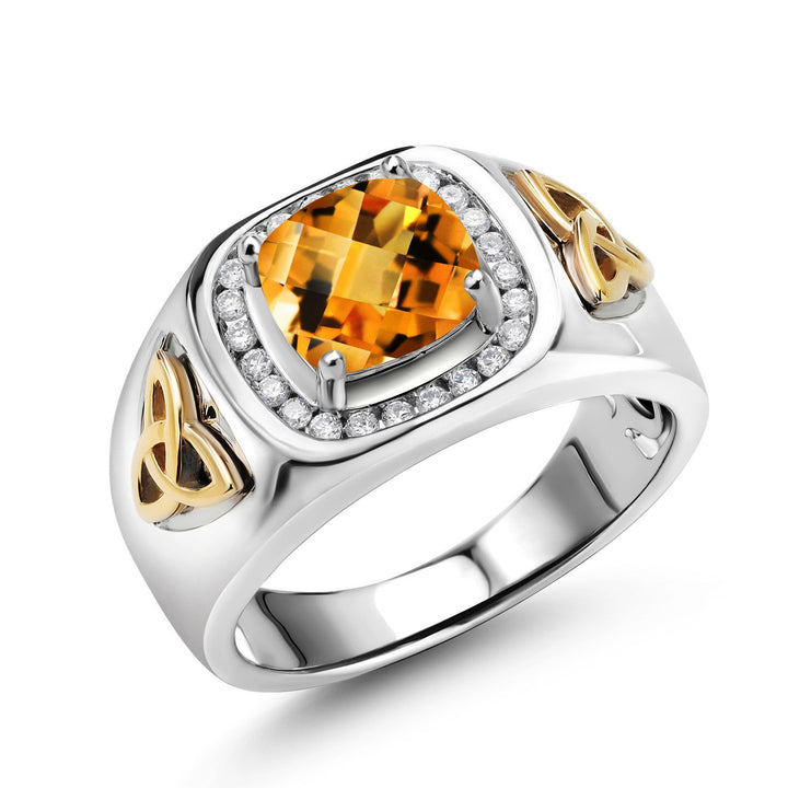 Two-Tone Cushion Cut Ring for Men | 8MM Gemstone Birthstone and Lab Grown Diamond | 925 Sterling Silver & 10K Yellow Gold | Available in Size 7-13