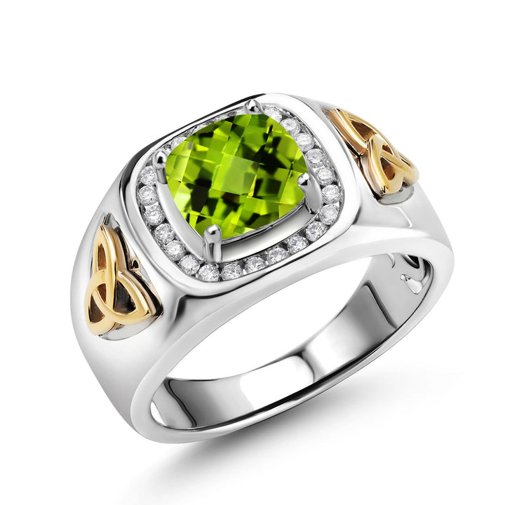 Two-Tone Cushion Cut Ring for Men | 8MM Gemstone Birthstone and Lab Grown Diamond | 925 Sterling Silver & 10K Yellow Gold | Available in Size 7-13