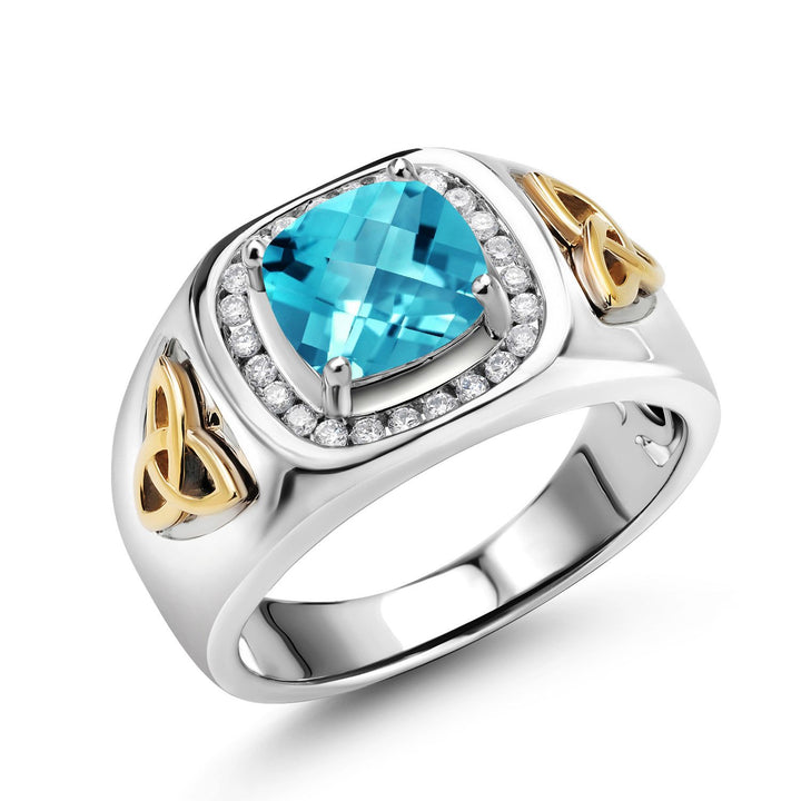 Two-Tone Cushion Cut Ring for Men | 8MM Gemstone Birthstone and Lab Grown Diamond | 925 Sterling Silver & 10K Yellow Gold | Available in Size 7-13