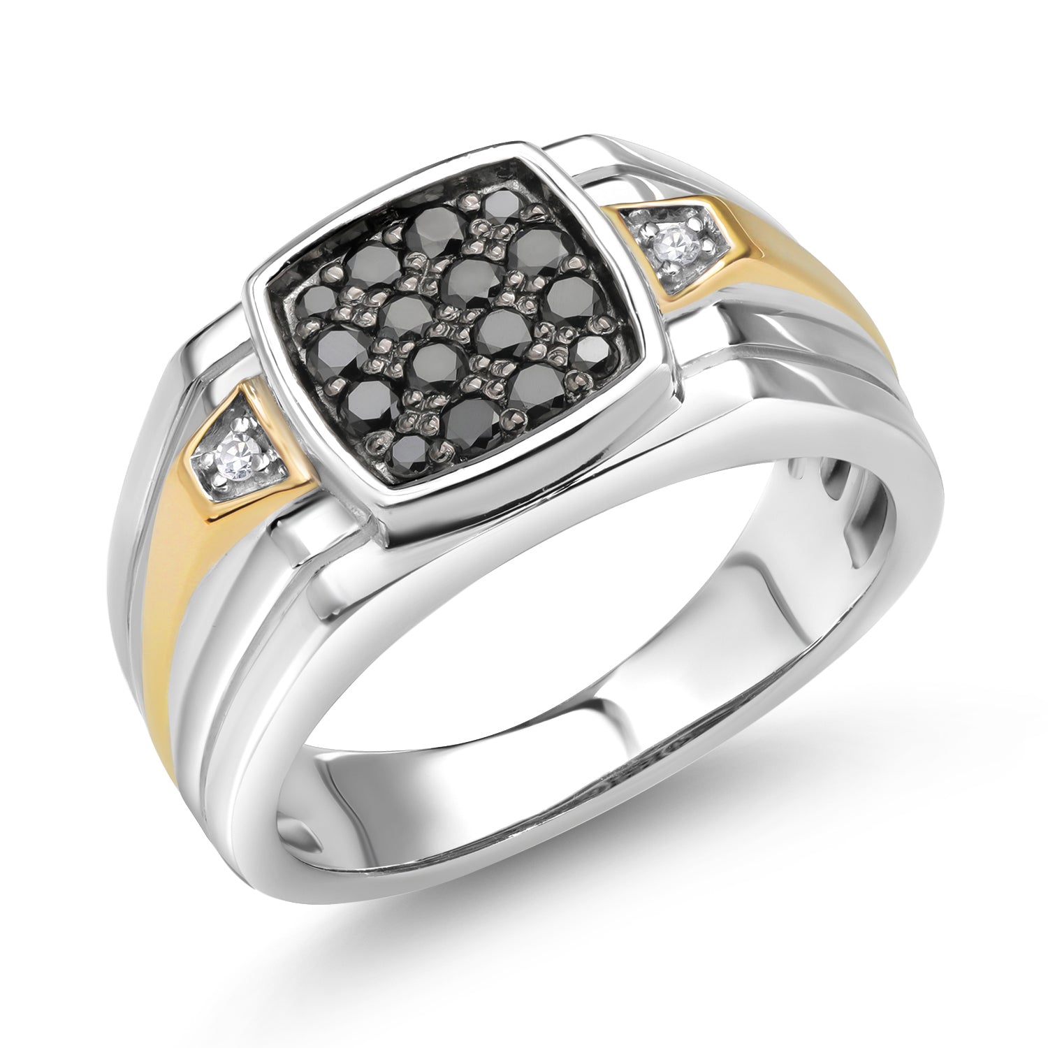 Men's 925 Sterling Silver and 10K Yellow Gold Black and White Diamond Ring (0.22 Cttw, Available In Size 7, 8, 9, 10, 11, 12, 13)