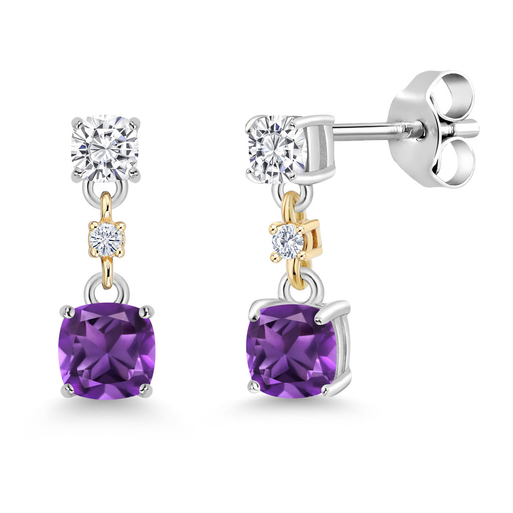 Amethyst_White Moissanite_Earrings in 925 Sterling Silver and 10K Yellow Gold