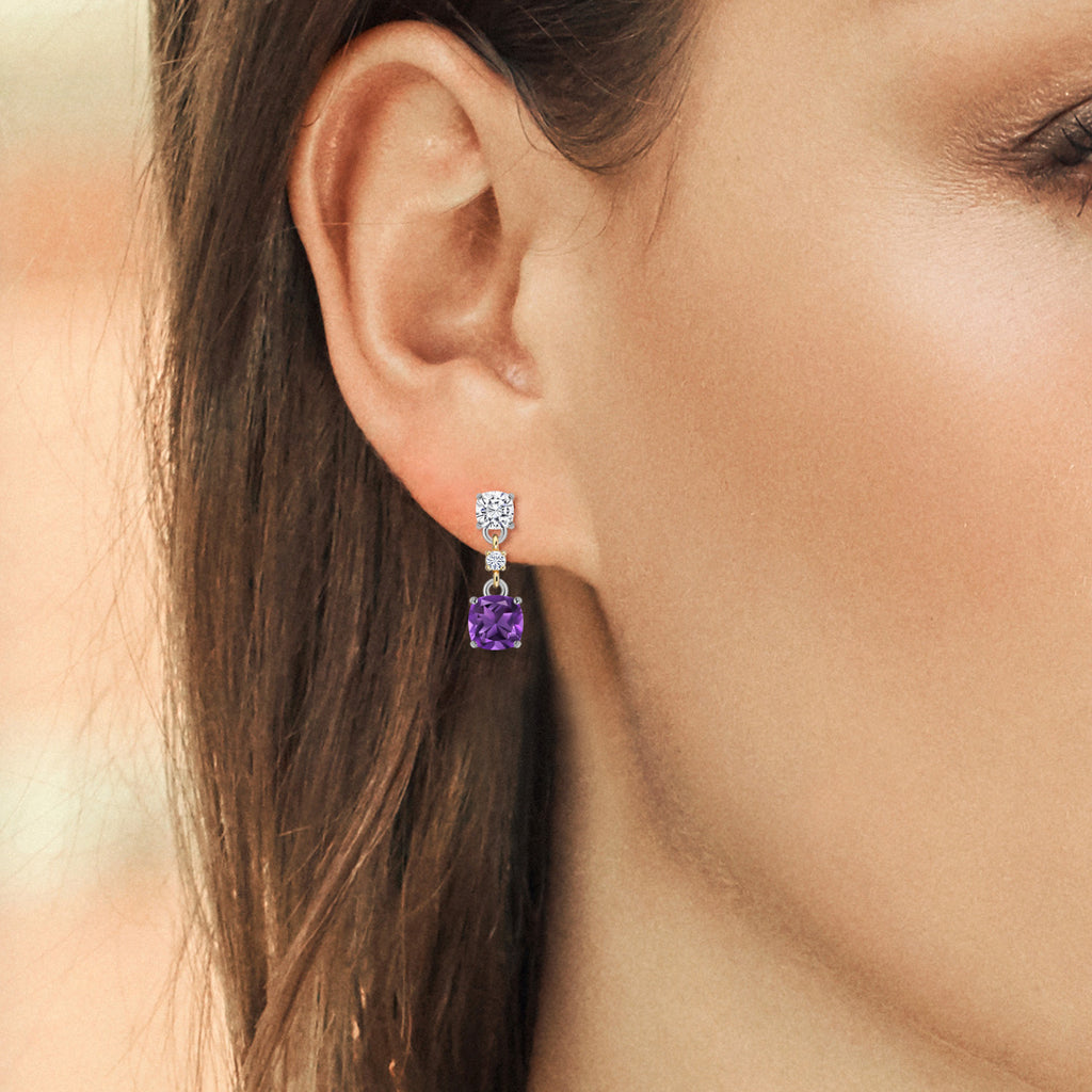 Amethyst_White Moissanite_Earrings in 925 Sterling Silver and 10K Yellow Gold