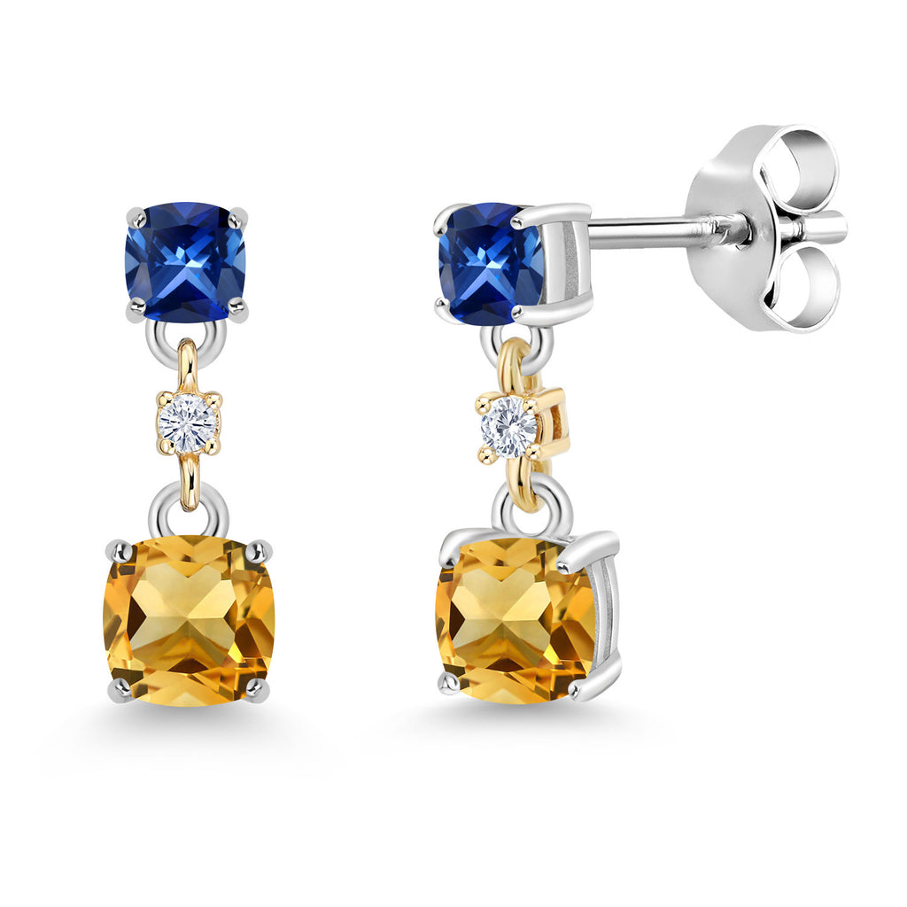 Citrine_Blue Created Sapphire_Earrings in 925 Sterling Silver and 10K Yellow Gold
