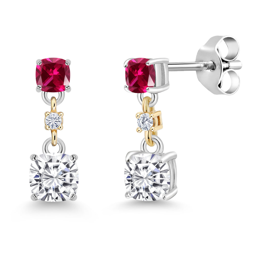 White Moissanite_Created Ruby_Earrings in 925 Sterling Silver and 10K Yellow Gold
