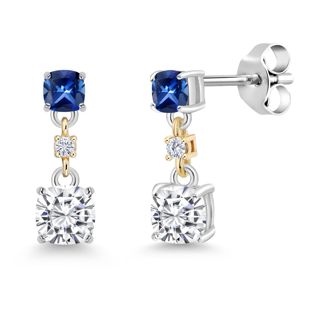 White Moissanite_Blue Created Sapphire_Earrings in 925 Sterling Silver and 10K Yellow Gold