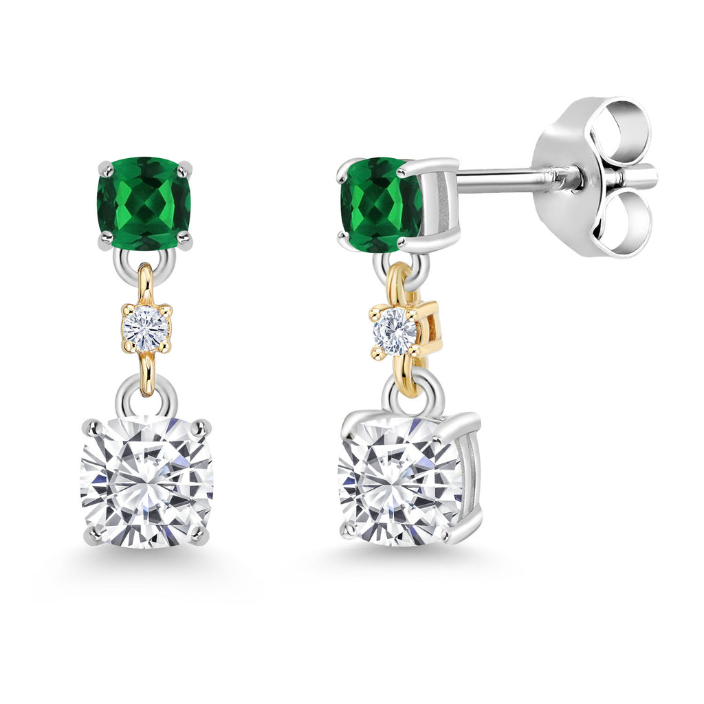 White Moissanite_Nano Emerald_Earrings in 925 Sterling Silver and 10K Yellow Gold