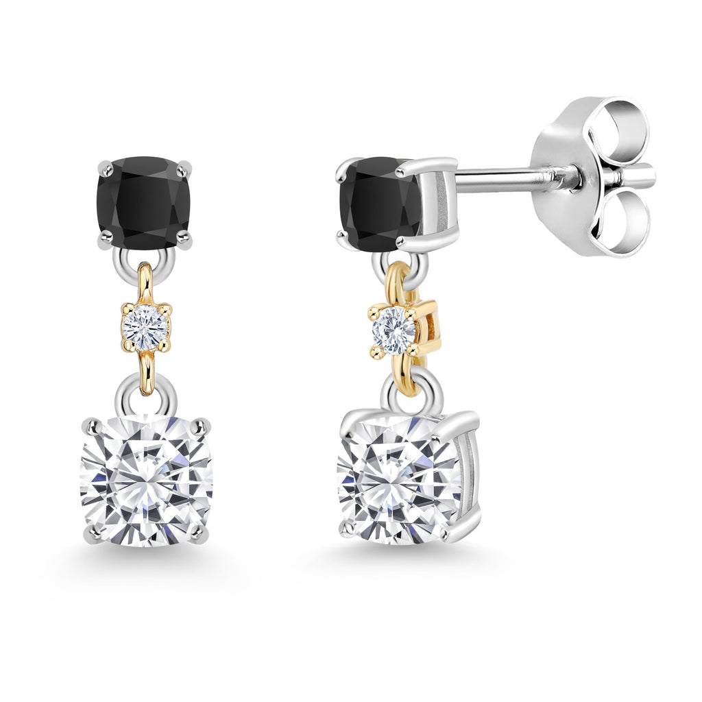 White Moissanite_Onyx_Earrings in 925 Sterling Silver and 10K Yellow Gold