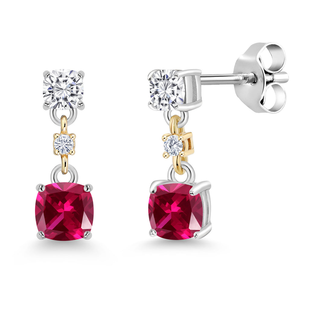 Created Ruby_White Moissanite_Earrings in 925 Sterling Silver and 10K Yellow Gold