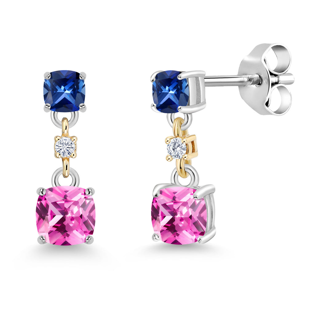 Pink Created Sapphire_Blue Created Sapphire_Earrings in 925 Sterling Silver and 10K Yellow Gold