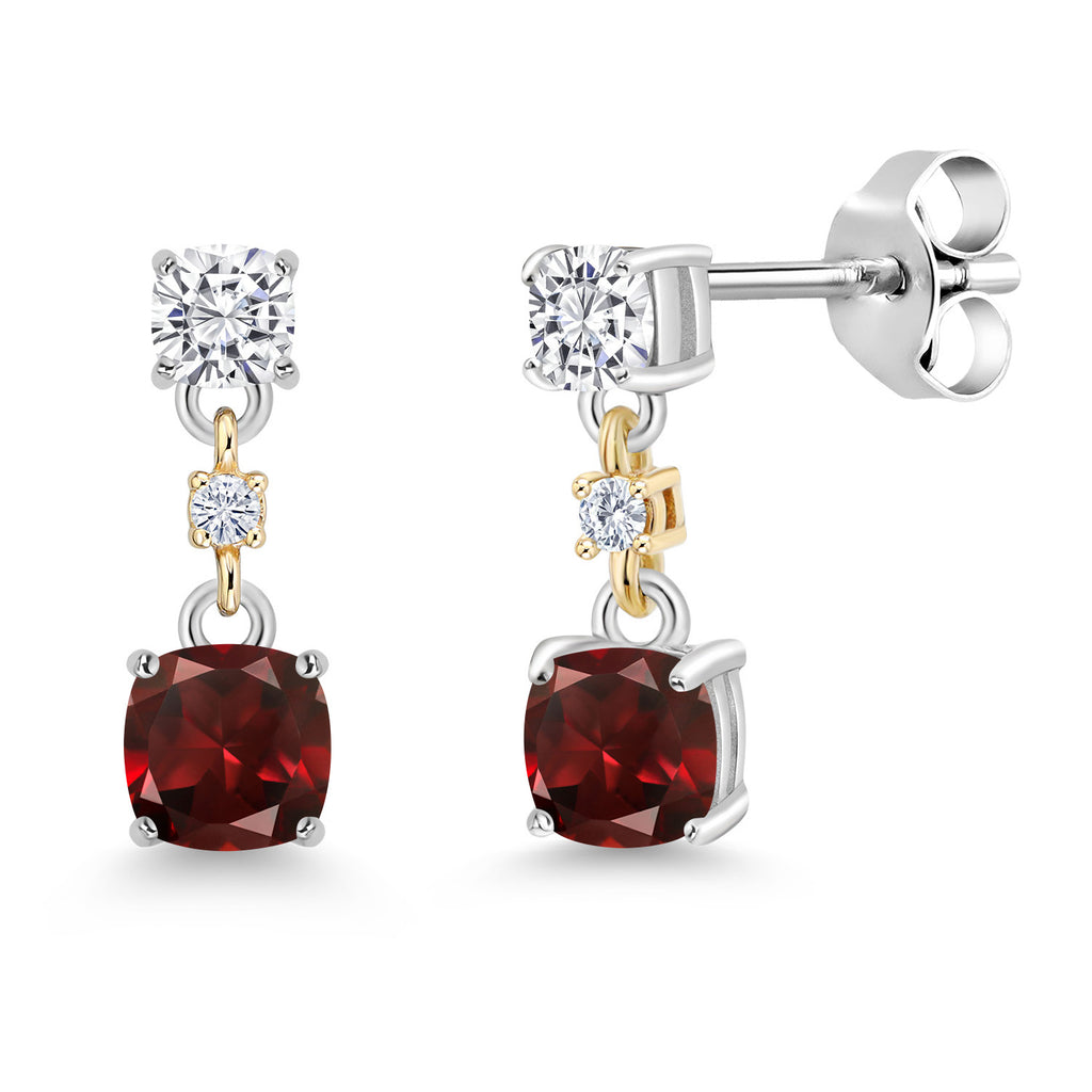 Garnet_White Moissanite_Earrings in 925 Sterling Silver and 10K Yellow Gold