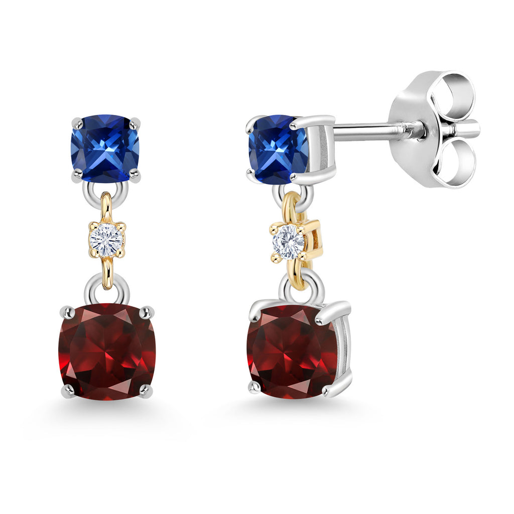 Garnet_Blue Created Sapphire_Earrings in 925 Sterling Silver and 10K Yellow Gold