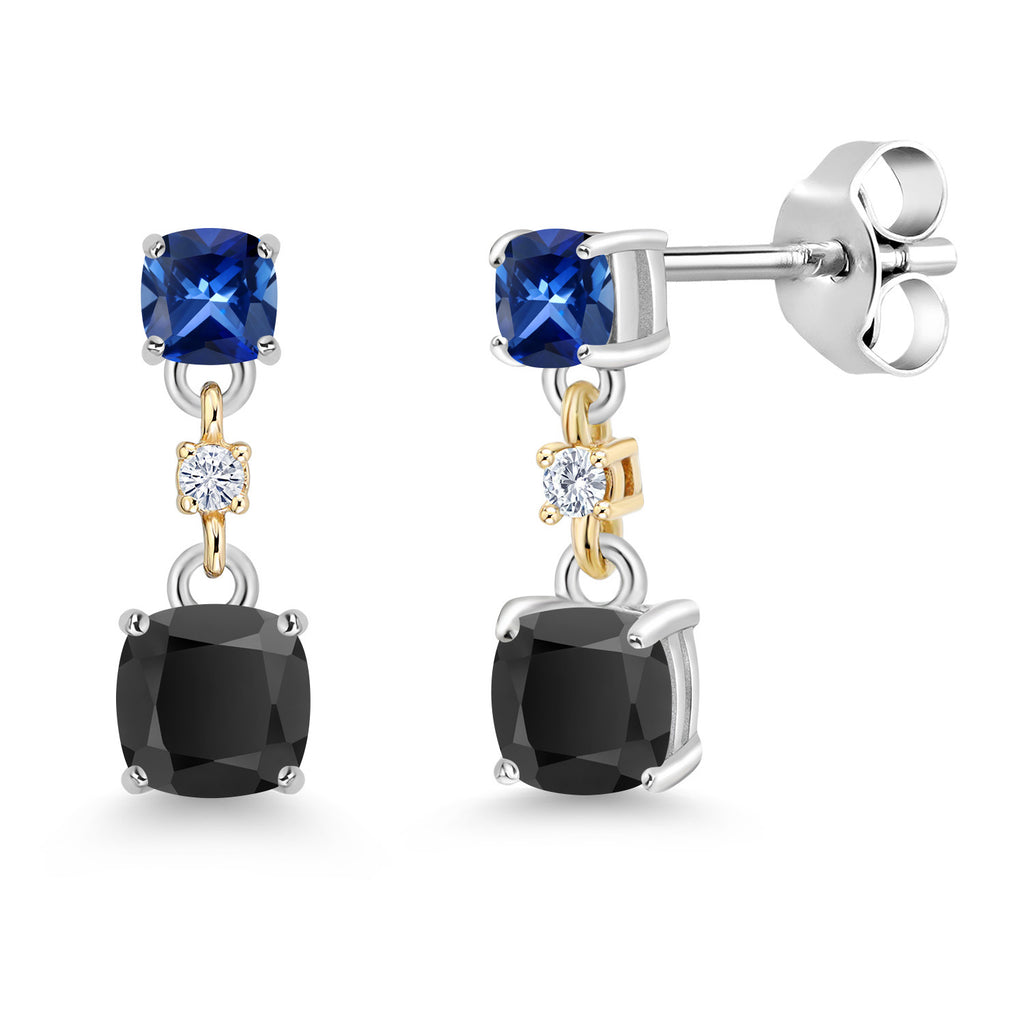 Onyx_Blue Created Sapphire_Earrings in 925 Sterling Silver and 10K Yellow Gold