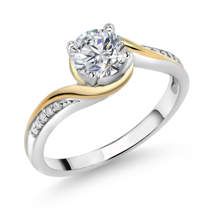 925 Silver and 10K Yellow Gold E - F Lab Grown Diamond and White Moissanite Engagement Ring For Women | 0.79 Cttw | Round 6MM | Gemstone April Birthstone | Available in Size 5,6,7,8,9