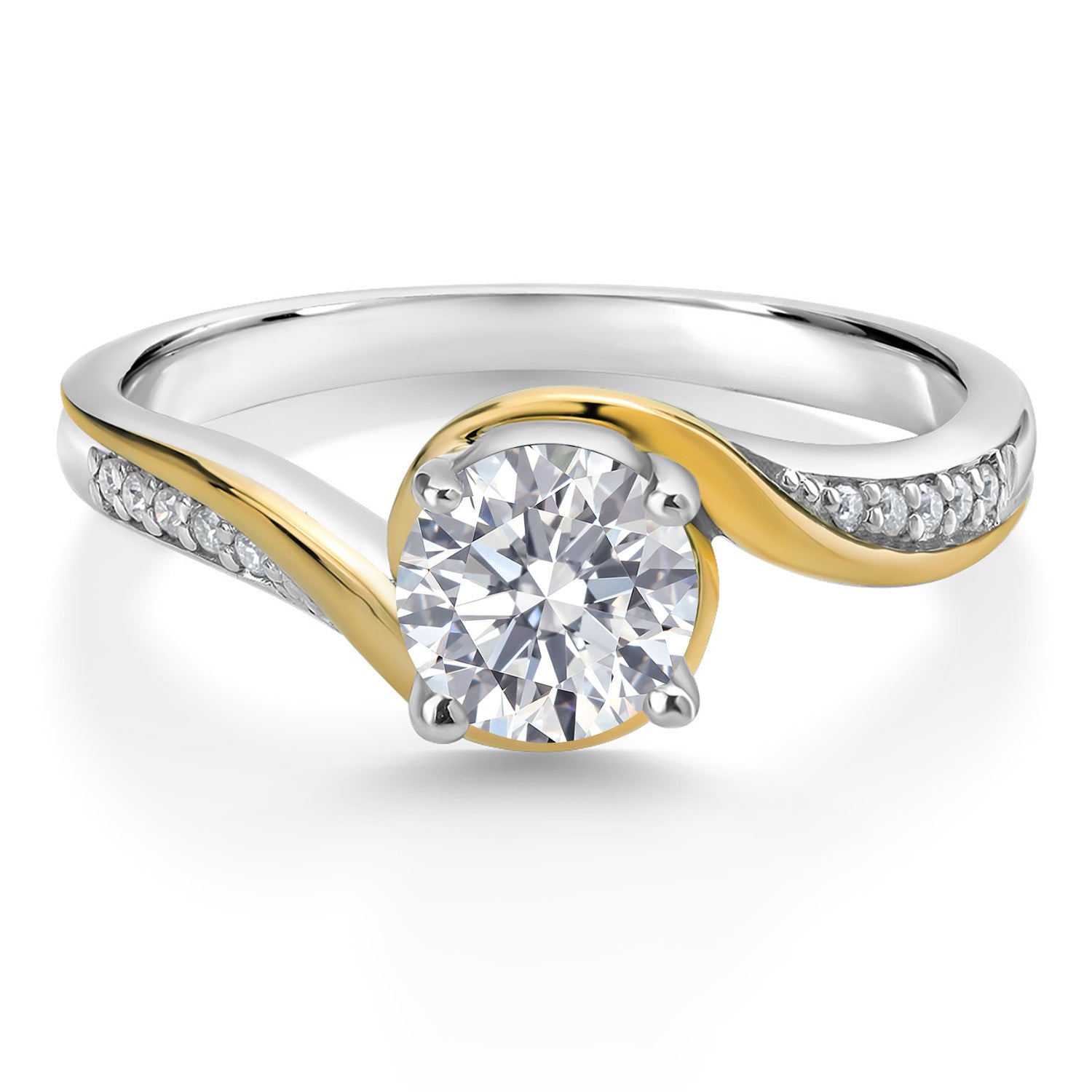 925 Silver and 10K Yellow Gold E - F Lab Grown Diamond and White Moissanite Engagement Ring For Women | 0.79 Cttw | Round 6MM | Gemstone April Birthstone | Available in Size 5,6,7,8,9