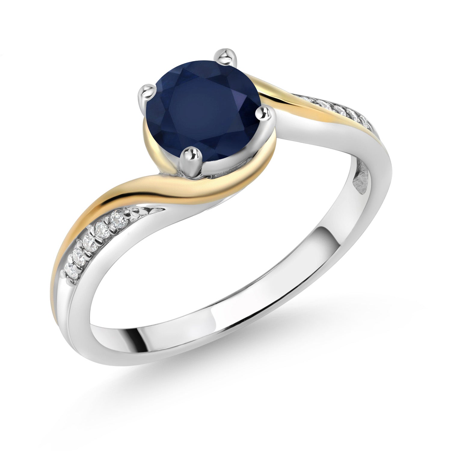 925 Sterling Silver and 10K Yellow Gold Round Blue Sapphire and White Moissanite Women Engagement Ring (1.15 Cttw, Gemstone Birthstone, Available In Size 5, 6, 7, 8, 9)