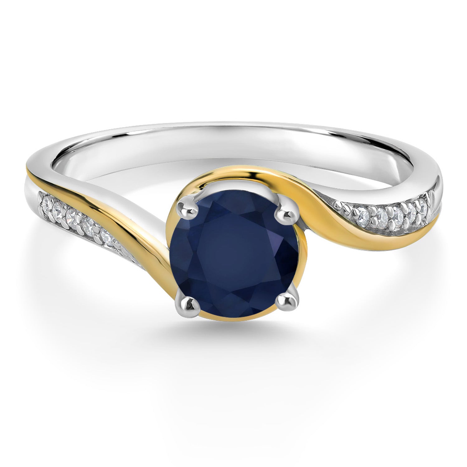 925 Sterling Silver and 10K Yellow Gold Round Blue Sapphire and White Moissanite Women Engagement Ring (1.15 Cttw, Gemstone Birthstone, Available In Size 5, 6, 7, 8, 9)